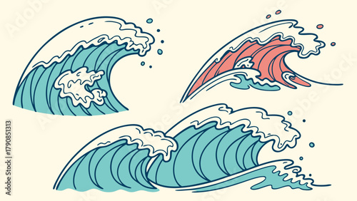 Hand Drawn Ocean Waves Illustration Set Dynamic Breaking Water for Summer Travel, Beach Vacation, and Marine Design Projects