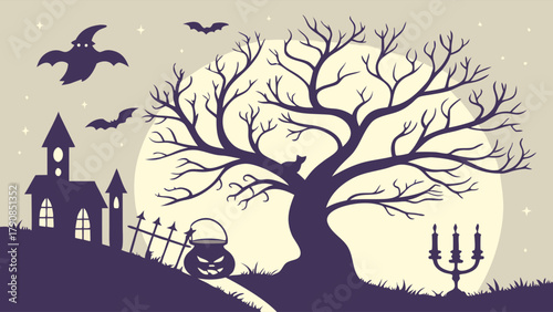 Eerie Halloween Night Landscape Vector Illustration with Haunted House, Bare Tree, Full Moon, Bats, Ghost. Ideal for Spooky Autumn Holiday Marketing & Events.