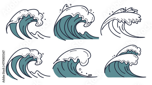 Powerful Ocean Waves Vector Illustration Pack. Hand Drawn Blue Sea Water Elements for Summer Travel, Beach Logos, and Water Sports Design.
