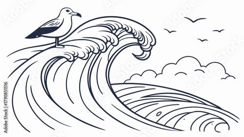Dynamic Ocean Wave Cresting with Seagull Soaring Line Art Illustration for Coastal Travel Adventure Freedom and Environmental Campaigns