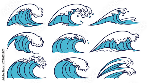 Crashing Ocean Waves Vector Set. Dynamic Blue Sea Water for Web Design, Summer Travel, Marine Logos, Water Sports, and Nature Graphics.