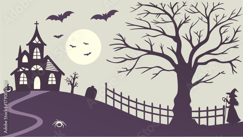 Eerie Halloween Night Silhouette Vector with Haunted House, Witch, Bats, Full Moon, and Bare Tree. Spooky Autumn Holiday Design for Party Invites and Web Banners.