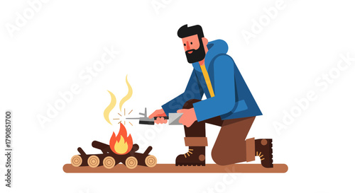 A Bearded Man Starts a Campfire in the Night, Illustrating Travel and Adventure