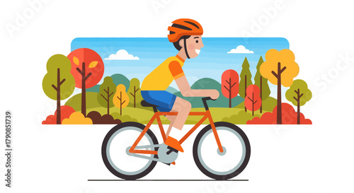 A Bicyclist's Autumnal Adventure In Nature's Embrace With Bright Colors and Sunny Skies