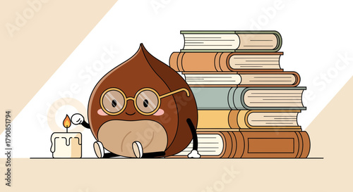 A Chestnut Character with Glasses, Candle, and Books Symbolizing Knowledge and Learning