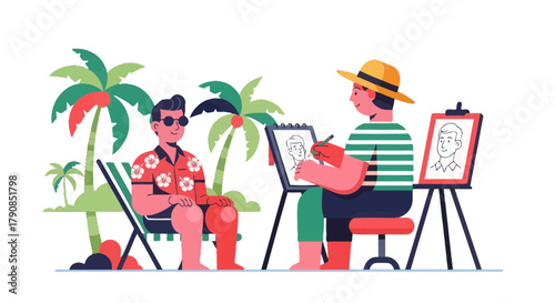 A Caricature Being Drawn on Vacation Under Palms with a Tropical Gentleman