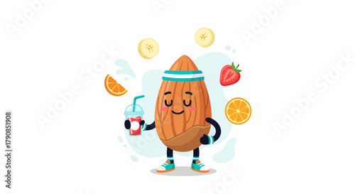 A Cheerful Almond Character Drinking Healthy Smoothie Surrounded By Fresh Fruits