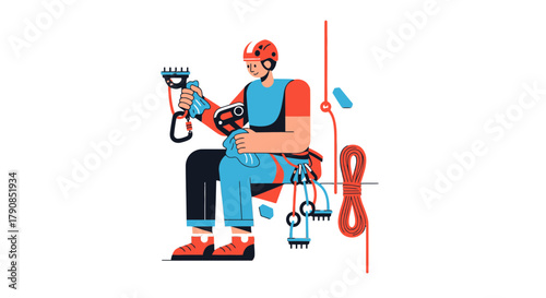 A Climber Preparing Equipment For Ascending A Cliff Face Or A Similar Structure