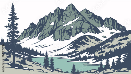 Retro Mountain Landscape Vector Illustration with Snowy Peaks, Pine Forest, and Lake for Outdoor Travel, Adventure, and Nature Design