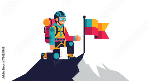 A Climber Celebrating Success After Reaching The Mountain Summit With A Flag