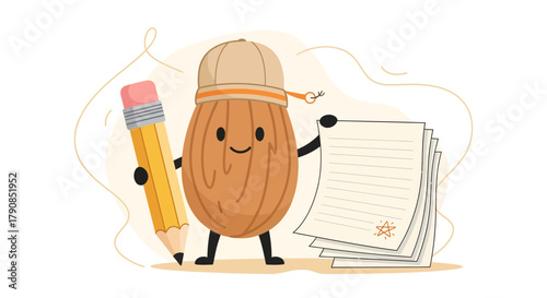 A Cheerful Almond Character Holding Stationery for Creative Inspiration and Writing
