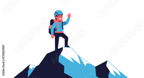 A Climber Reaches Summit, Celebrating Success, Overlooking Vast Wilderness, Triumph