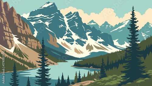 Pristine Wilderness Landscape with Snowy Mountains Lake and Pine Trees for Eco Tourism and Nature Escape