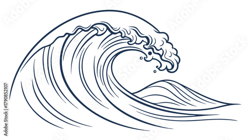 Powerful Crashing Ocean Wave Line Art Illustration for Summer Travel Websites Marine Sports Branding and Nature Conservation Campaigns