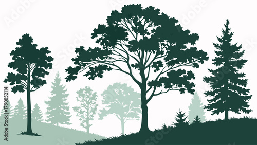 Serene Green Forest Landscape Silhouette Vector. Diverse Trees on Rolling Hills for Nature Conservation, Eco-Friendly Design, and Sustainable Branding.