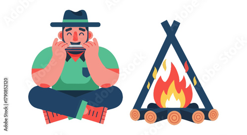 A Cheerful Camper Playing Harmonica Near a Campfire Under A Dark Black Background