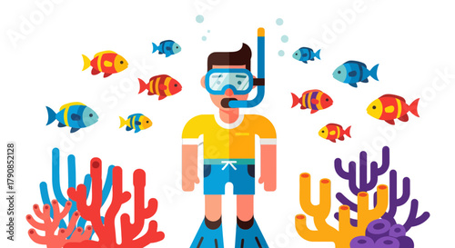 A Colorful Underwater Adventure: Scuba Diver With An Array Of Tropical Multicolored Fishes