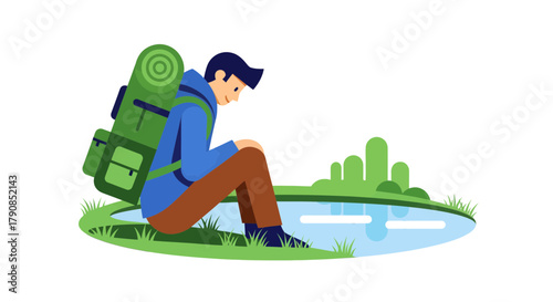 A Contemplative Hiker Enjoying Nature's Serenity Beside a Tranquil Lakeside Scene