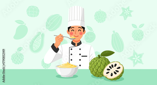 A Cheerful Chef Tasting Custard Near Exotic Fruits against a Soft Green Background