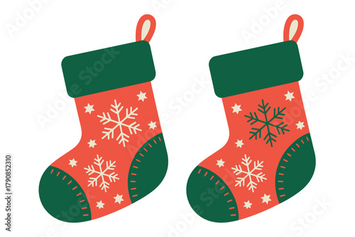 Two festive Christmas stockings adorned with snowflakes and stars are depicted against a white background, evoking holiday cheer and seasonal traditions.