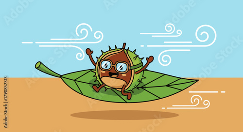 A Cheerful Chestnut Rides a Leaf Through a Windy Day in a Playful Illustration
