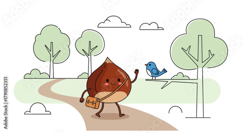 A Cheerful Chestnut With a Bag Walks On a Trail To The Forest Meeting A Little Bird