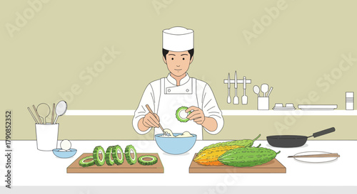 A Culinary Artist Preparing a Delightful Dish in a Professional Kitchen Setting