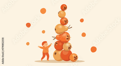 A Cheerful Child Joyfully Interacts With a Tower of Autumnal Fruits and Orange Bubbles