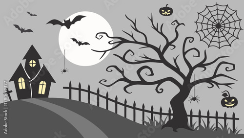Spooky Halloween Night Vector Illustration with Haunted House, Full Moon, Flying Bats, Creepy Tree, and Pumpkins for Festive Invitations and Web Design