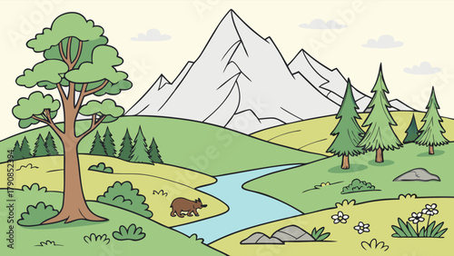 Serene Mountain Valley Landscape with Flowing River Forest Trees and Brown Bear Cartoon Illustration for Nature Conservation and Wildlife Education