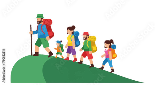 A Cheerful Family Hiking Up Hill Enjoying A Day Out Together Discovering Nature