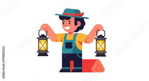 A Cheerful Explorer With Lanterns and Camping Gear Ready For Adventure