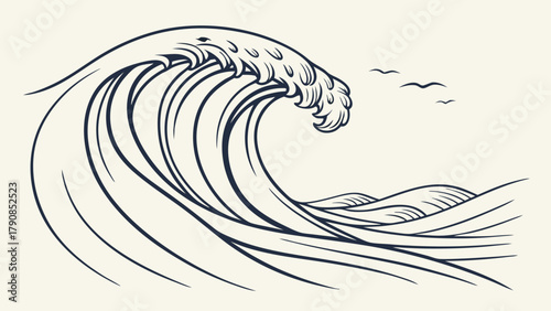 Dynamic Crashing Ocean Wave Line Art Illustration. Vintage Hand Drawn Sea Water Graphic for Travel, Nature, Marine, Surfing, Beach and Coastal Web Design.