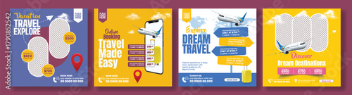 Creative Travel Agency Social Media Banner Pack and Holiday Tour Square Flyer Poster Template for Online Hotel Resort Booking, Flight Ticket Promotion, and Vacation Advertisement design