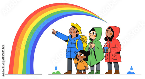 A Cheerful Family Stands Under a Magnificent Rainbow, Discovering a Radiant Destination
