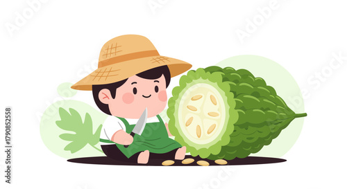 A Cheerful Farmer With Cutting Bitter Melon, Preparing Freshly Grown Produce.