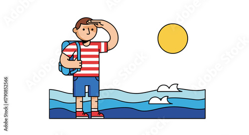 A Curious Traveler Gazing Towards Horizon Upon the Sea Under a Clear and Sunny Sky