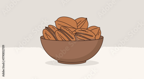 A Delightful Bowl Of Pecans In A Rustic Brown Bowl, Food Illustration.