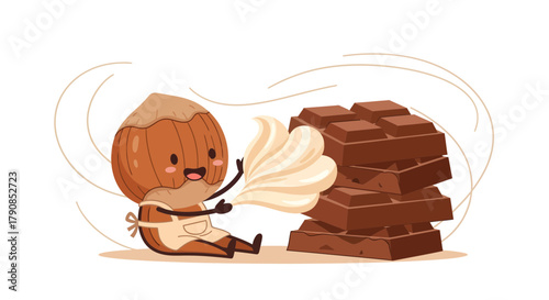 A Cheerful Hazelnut Character Decorating Chocolate with Cream, A Delicious Treat
