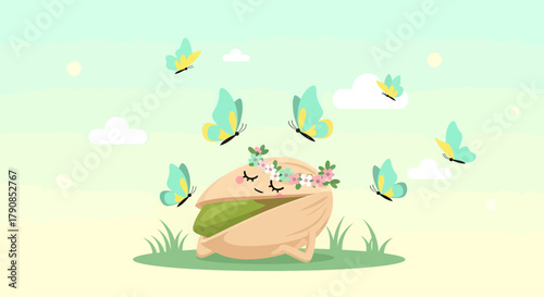 A Delightful Cartoon Of A Cheerful Pistachio Character Surrounded By Butterflies