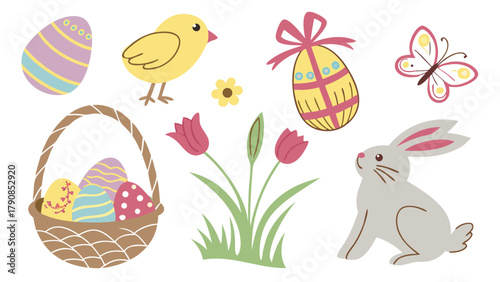 Cute Easter Spring Collection Bunny Chick Eggs Tulips Basket Butterfly for Holiday Promotions Kids Crafts and Festive Design Elements