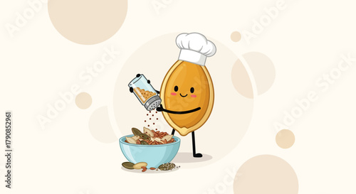 A Cheerful Illustration Of a Culinary Seed Character Seasoning a Nutritious Food Bowl