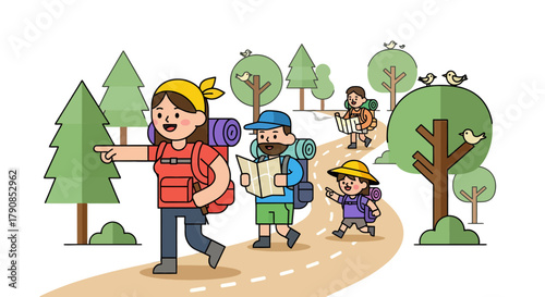 A Family Of Adventurers Hiking Together a Scenic Trail in a Forest Environment