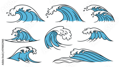 Dynamic Ocean Waves Vector Illustration Set for Web Design Travel Summer Vacation Marine Graphics Powerful Water Splash Elements