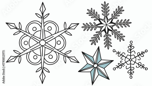 Elegant Winter Snowflakes and Stars Outline Vector Set. Festive Christmas Holiday Design Elements for Greeting Cards, Web, Print, and Crafts.