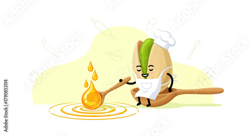 A Cheerful Nut Chef Creating Sweet Syrup in a Whimsical Culinary Scene