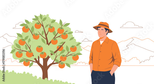 A Farmer Stands Beside A Ripe Persimmon Tree Ready To Harvest The Delicious Fruit