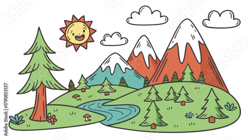 Vibrant Cartoon Mountain Landscape with Happy Sun Pine Trees River and Green Hills for Kids Education Web Design and Apps