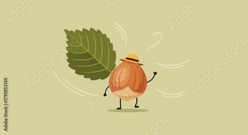 A Cheerful Nut With Hat and Leaf Animated in A Refreshing and Playful Scene