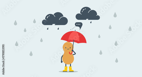 A Cheerful Nutty Character With An Umbrella Enjoying the Rain, Cartoon Illustration